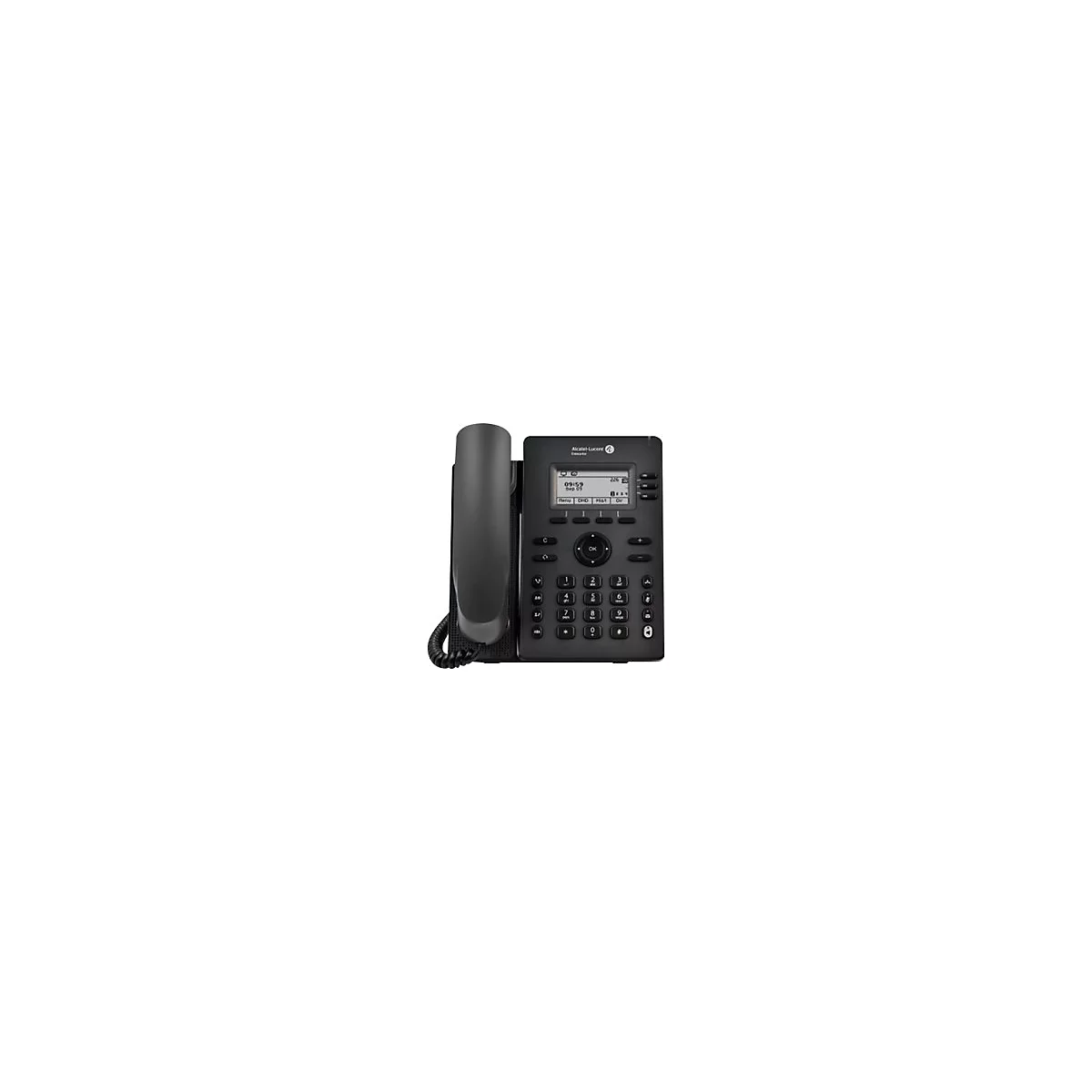 Schwarzes Alcatel-Lucent Schreibtischtelefon mit Hörer, Display, Ziffernblock und Funktionstasten auf weißem Grund.