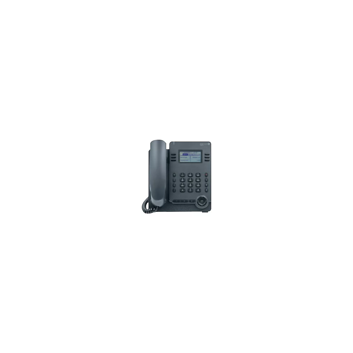 Dunkelgraues Tischtelefon mit Display, Tastenfeld und Hörer auf neutralem Hintergrund.
