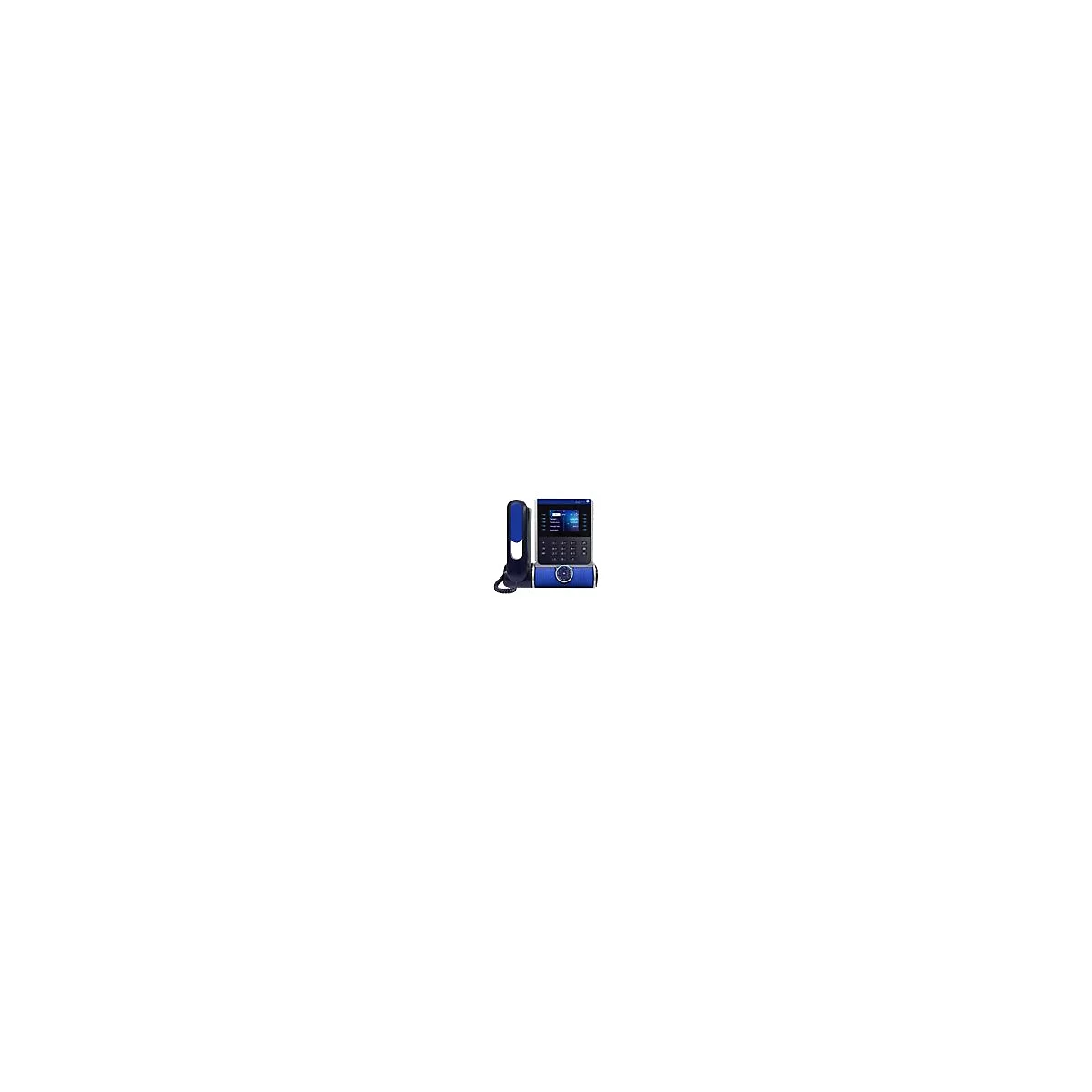 Blaues IP-Telefon mit Touchscreen-Display und Ziffernblock vor neutralem Hintergrund.