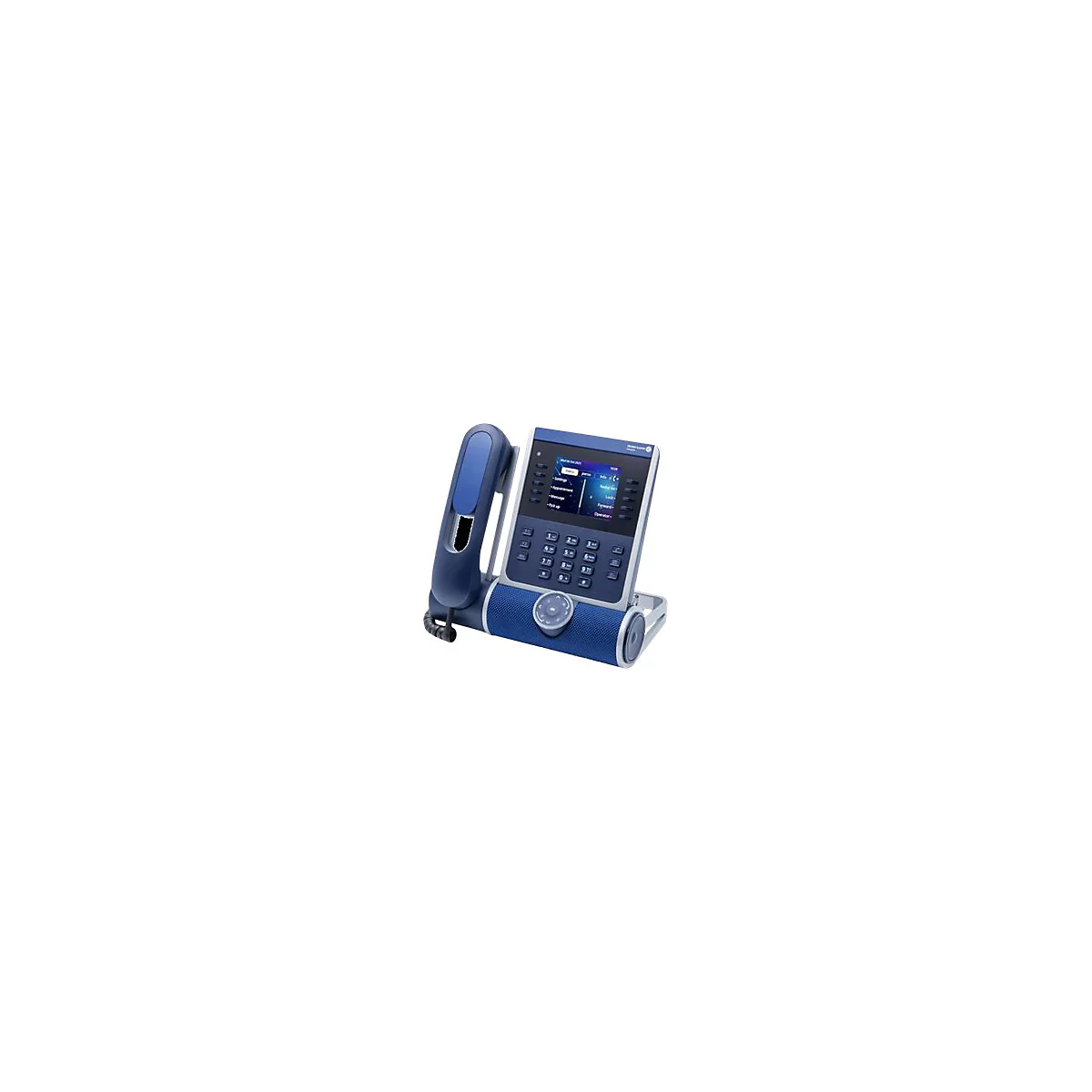 Blaues IP-Telefon mit Display, Ziffernblock und Hörer vor weißem Hintergrund.
