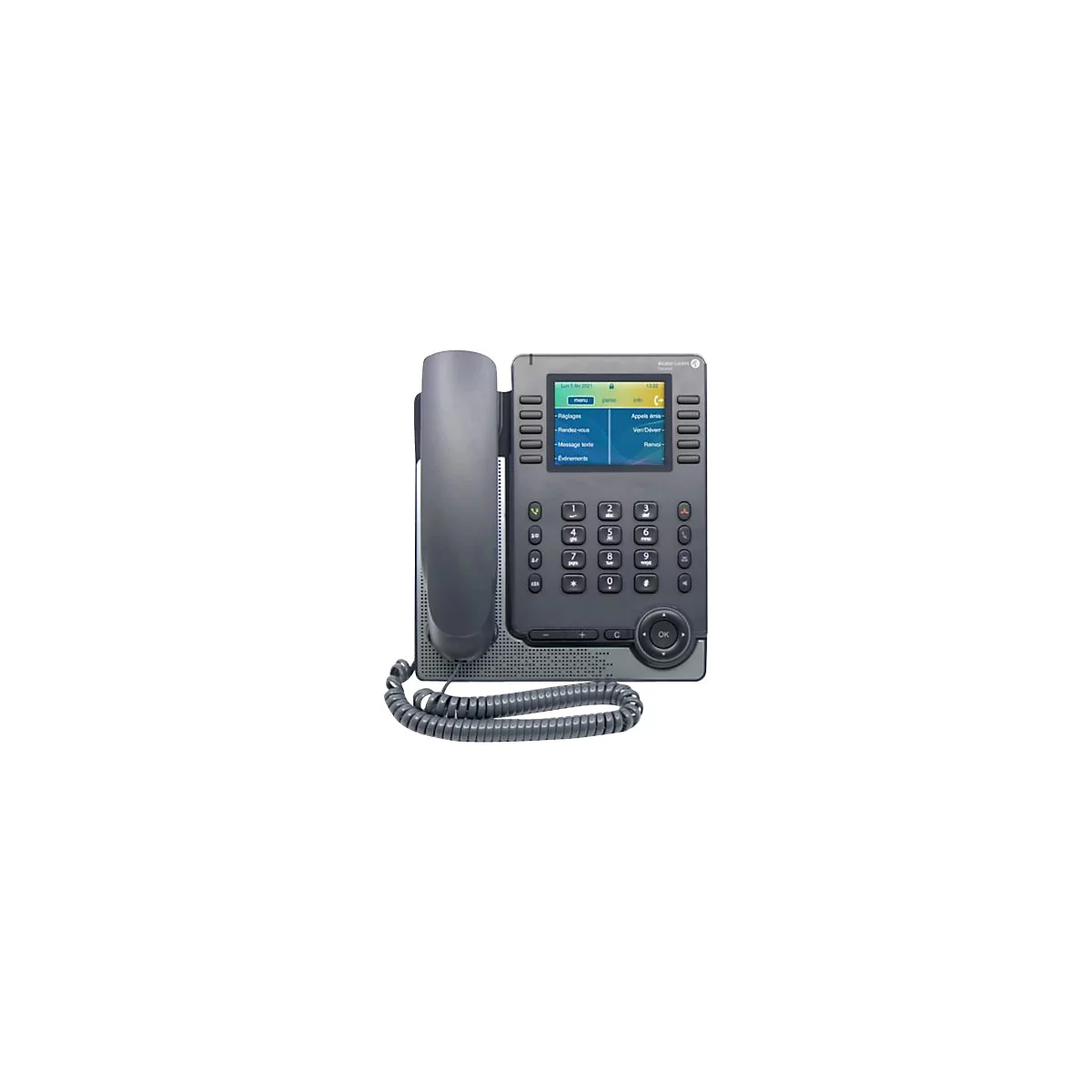 Dunkelgraues Alcatel-Lucent IP-Telefon mit Display, Tastenfeld und Hörer auf weißem Hintergrund.