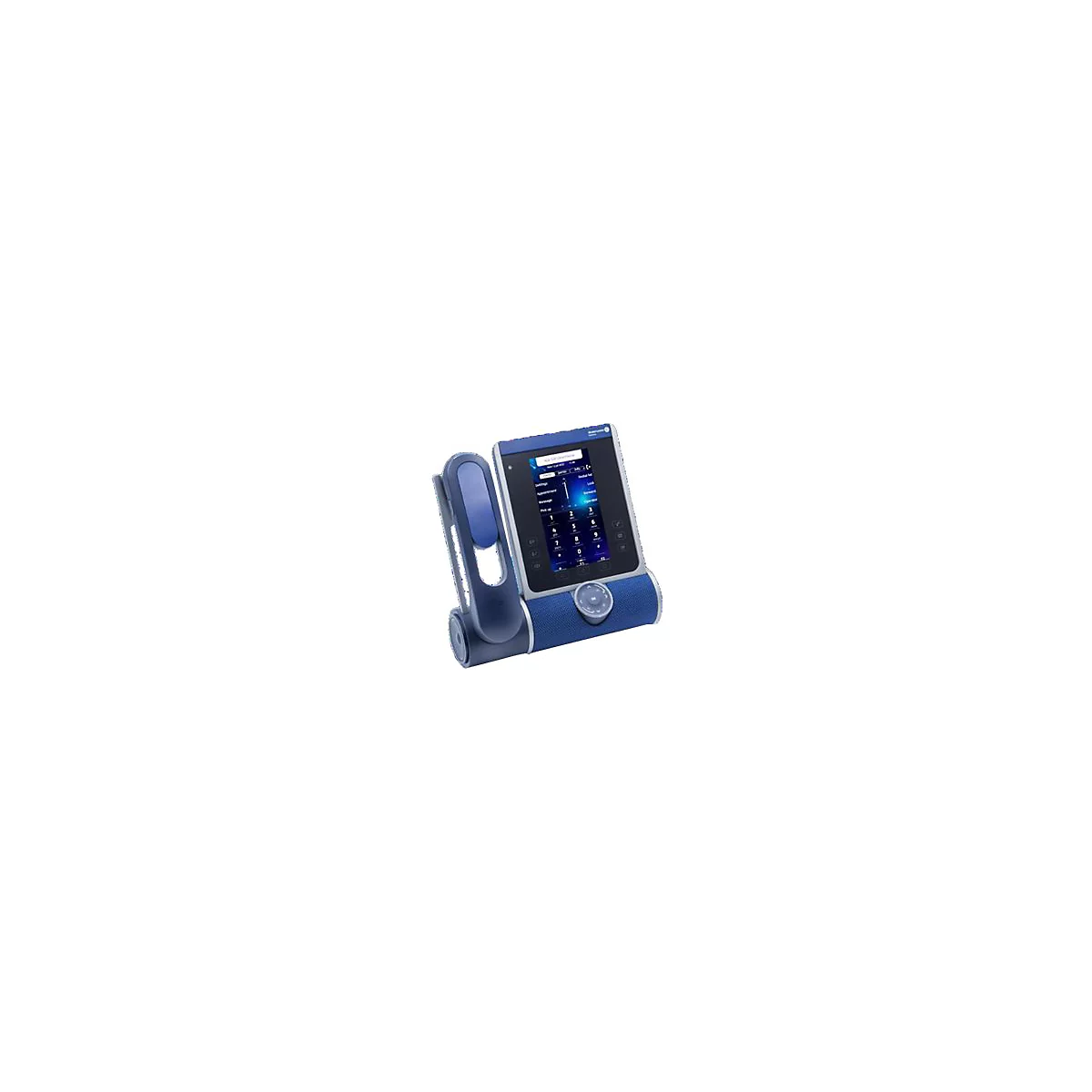 Modernes IP-Telefon in Blau und Silber mit Touchscreen-Display und Hörer vor weißem Hintergrund.