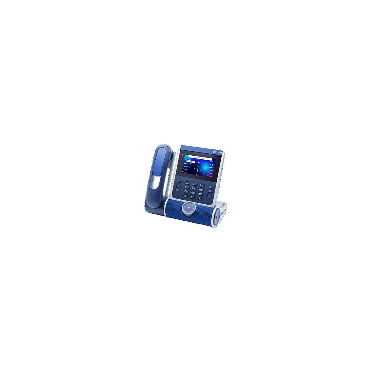 Modernes blaues IP-Bürotelefon mit Touchscreen-Display und Hörer.