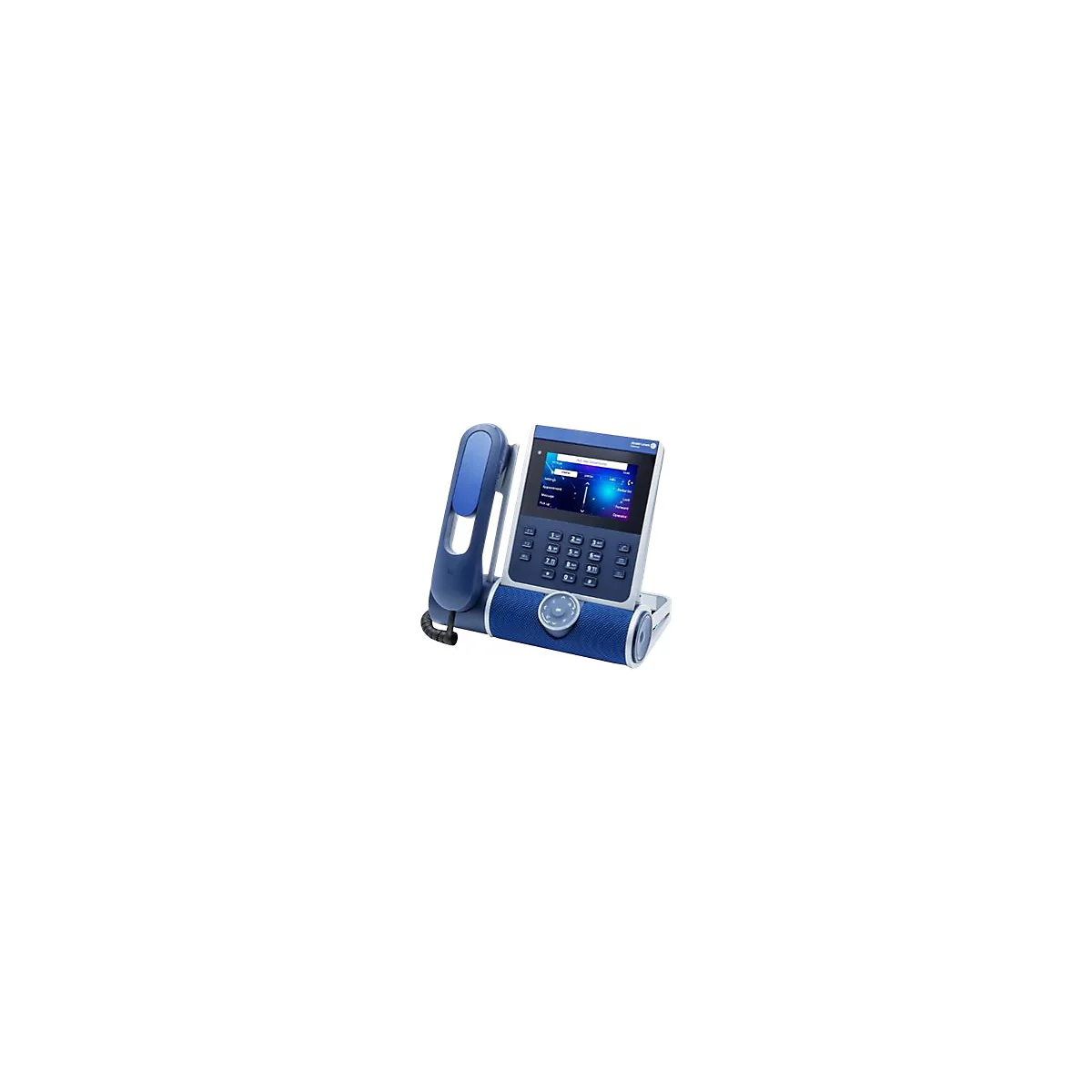 Blaues Tischtelefon mit Display, Tastenfeld und Hörer vor weißem Hintergrund.