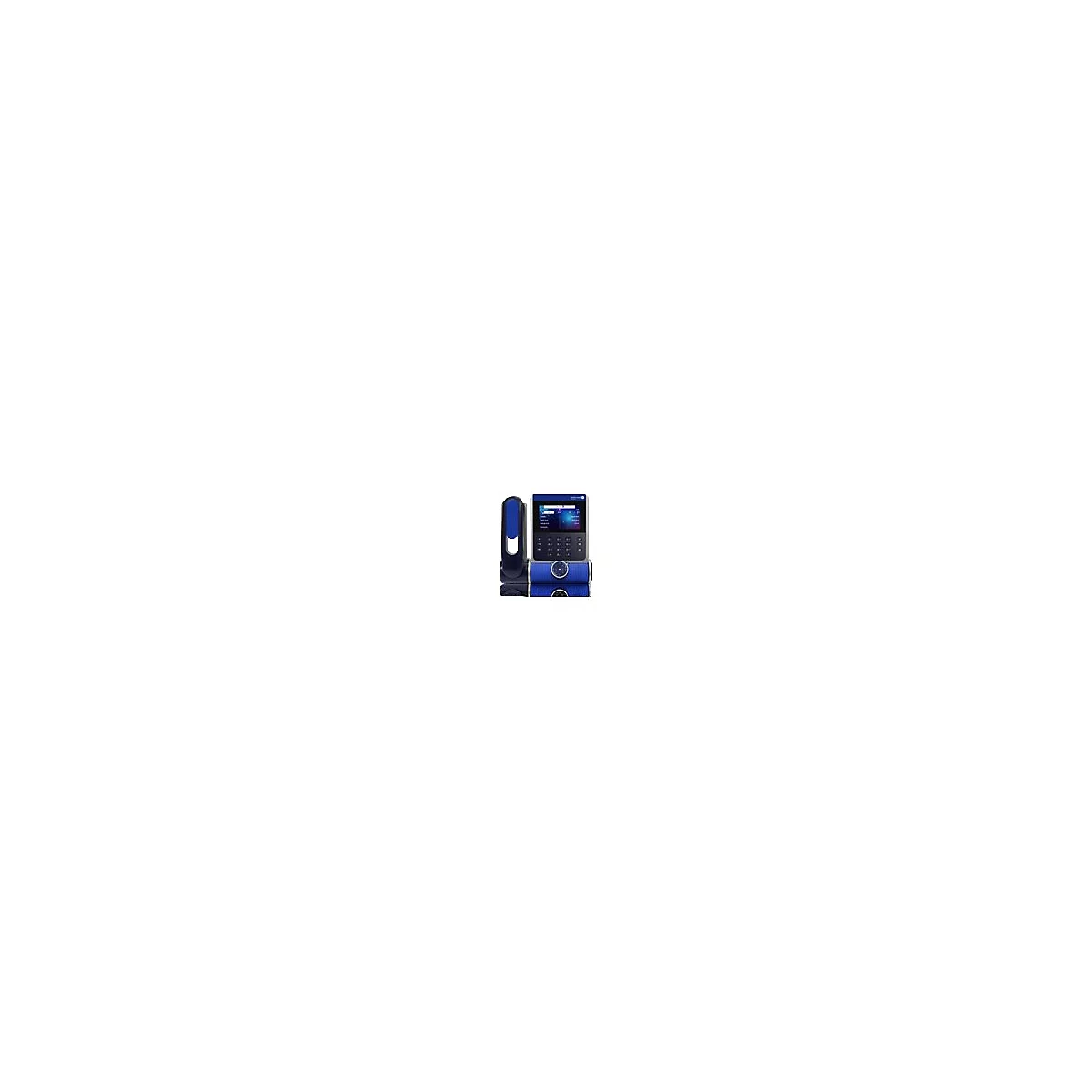 Modernes Tischtelefon mit blau-schwarzem Gehäusedesign und integriertem Farbdisplay.