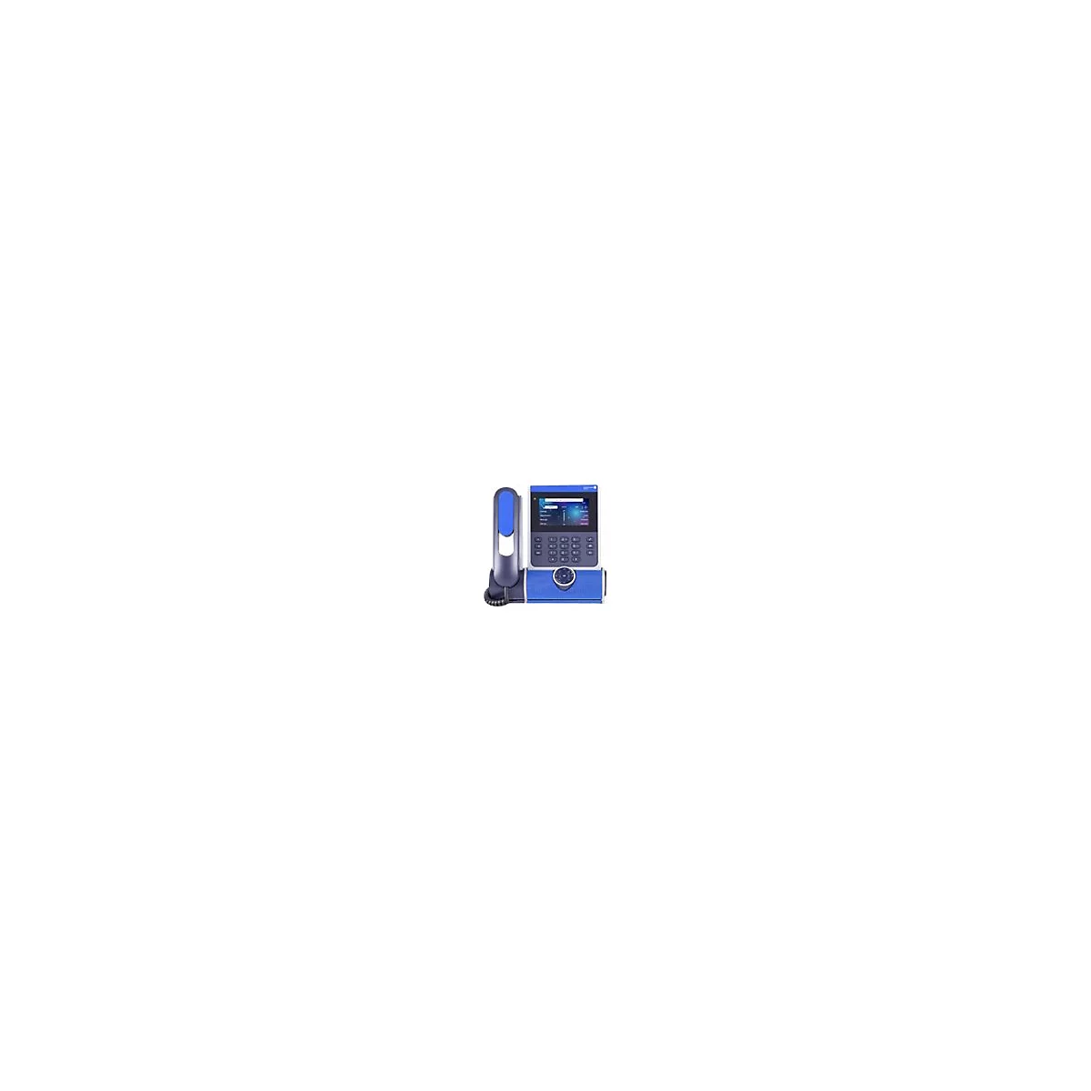 Modernes IP-Telefon mit blau-schwarzem Gehäusedesign, Display und Tastenfeld auf weißem Hintergrund.
