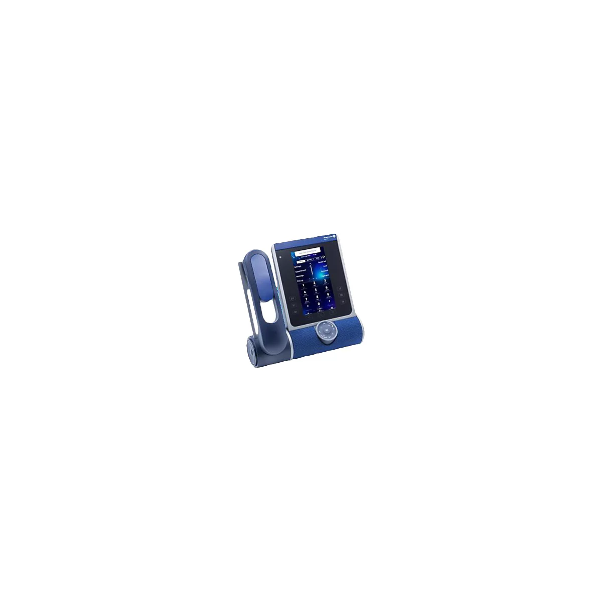 Blaues IP-Telefon mit Touchscreen-Display und seitlich angebrachtem Hörer vor weißem Hintergrund.
