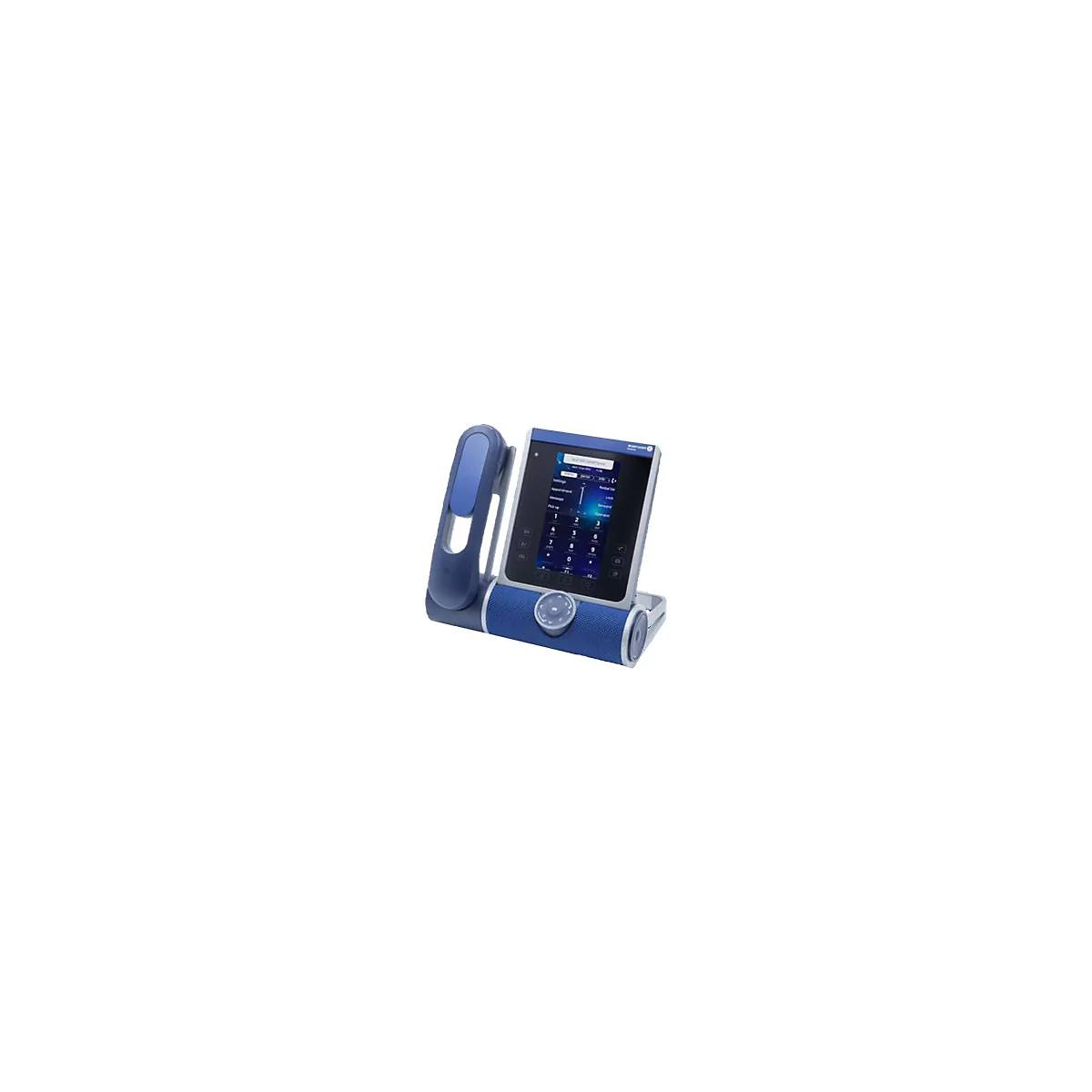 Blau-silbernes Alcatel-Lucent IP-Telefon mit Touchscreen und Hörer auf weißem Hintergrund.