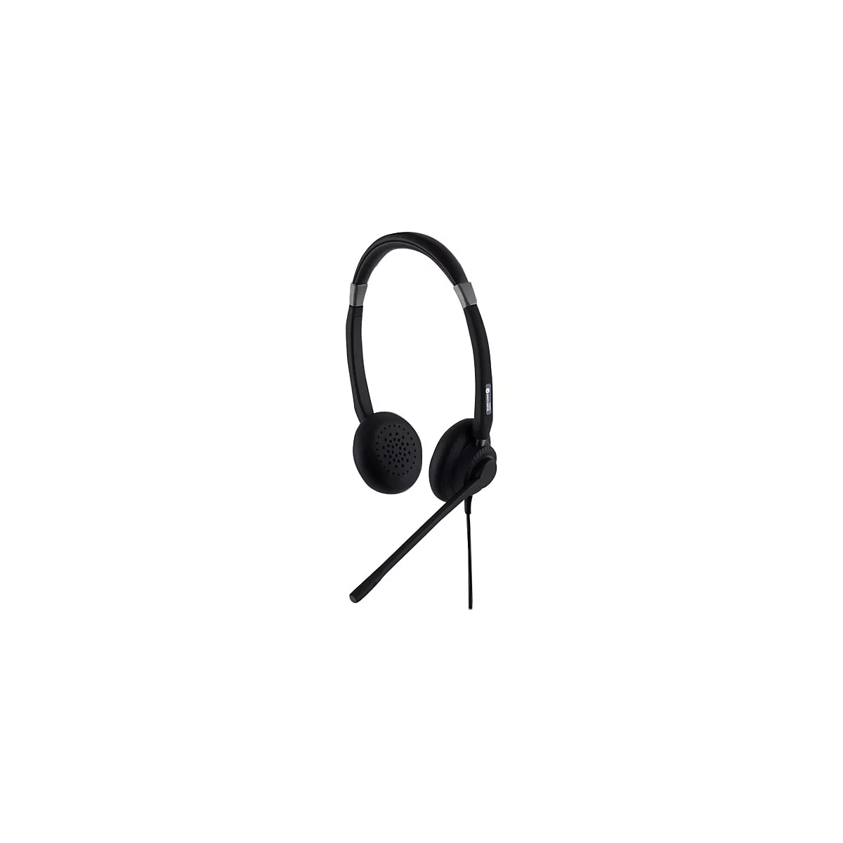 Schwarzes kabelgebundenes Headset mit verstellbarem Mikrofonarm vor weißem Hintergrund.