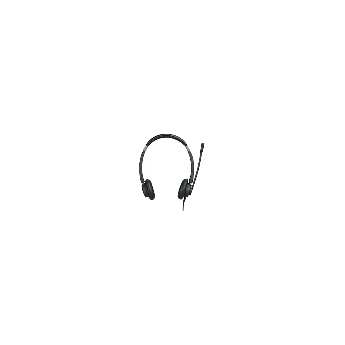 Schwarzes On-Ear-Headset mit verstellbarem Kopfbügel und Mikrofonarm vor weißem Hintergrund.