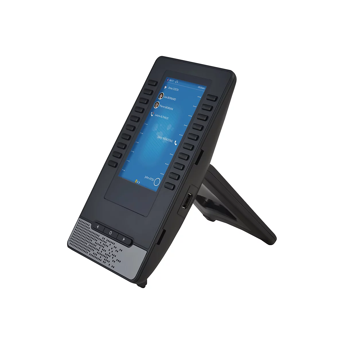 Schwarzes Touchscreen-Telefon mit blauem Display auf einem Standfuß vor weißem Hintergrund.
