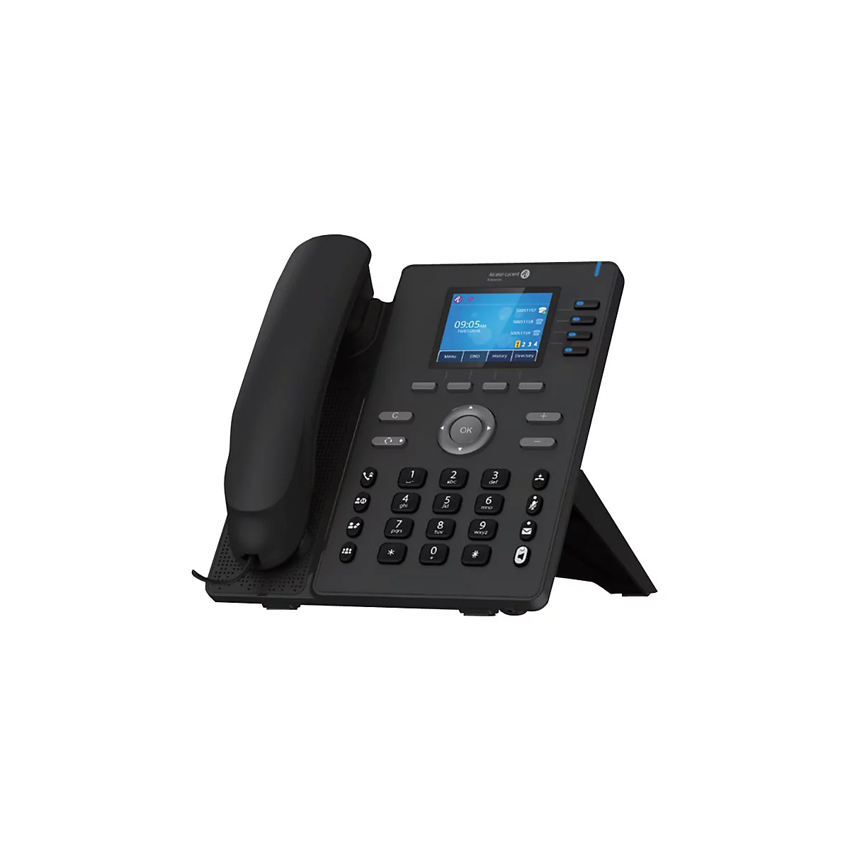 Schwarzes Tischtelefon mit LCD-Display, Tasten und Hörer. Auf dem Display Uhrzeit und Rufnummern.