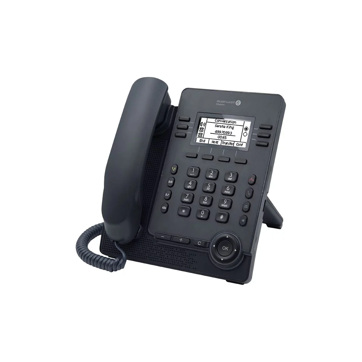 Schwarzes Alcatel-Lucent Schreibtischtelefon mit Display und Ziffernblock vor weißem Hintergrund.
