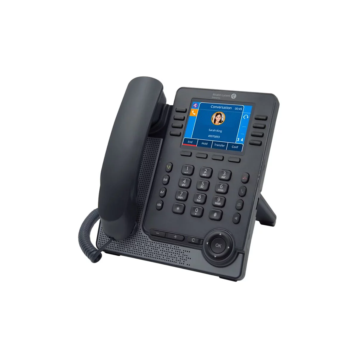 Schwarzes Alcatel-Lucent IP-Tischtelefon mit Farbdisplay und Hörer auf neutralem Hintergrund.