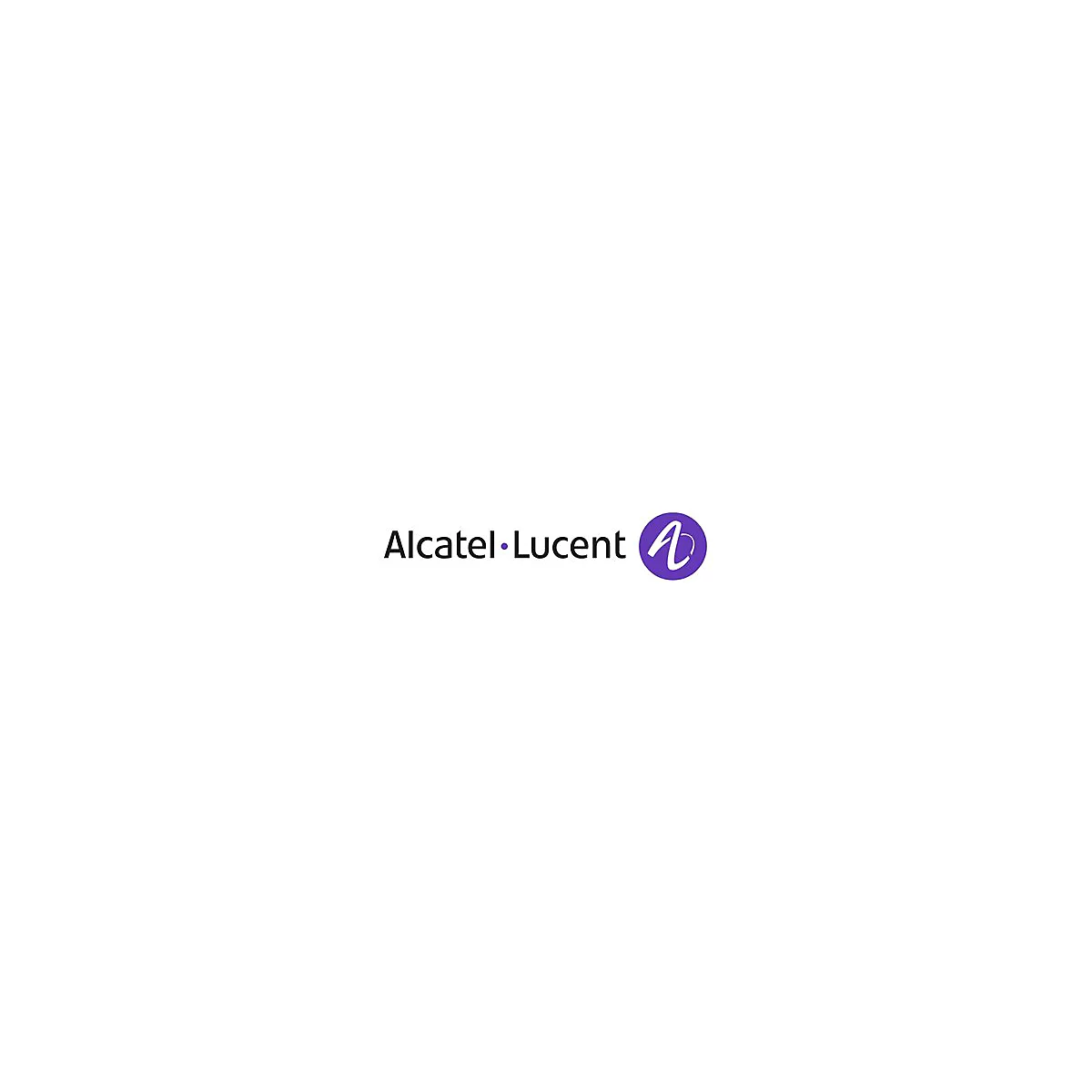 Das Firmenlogo von Alcatel-Lucent in schwarzer Schrift mit einem violetten Kreis und weißem A-Symbol.