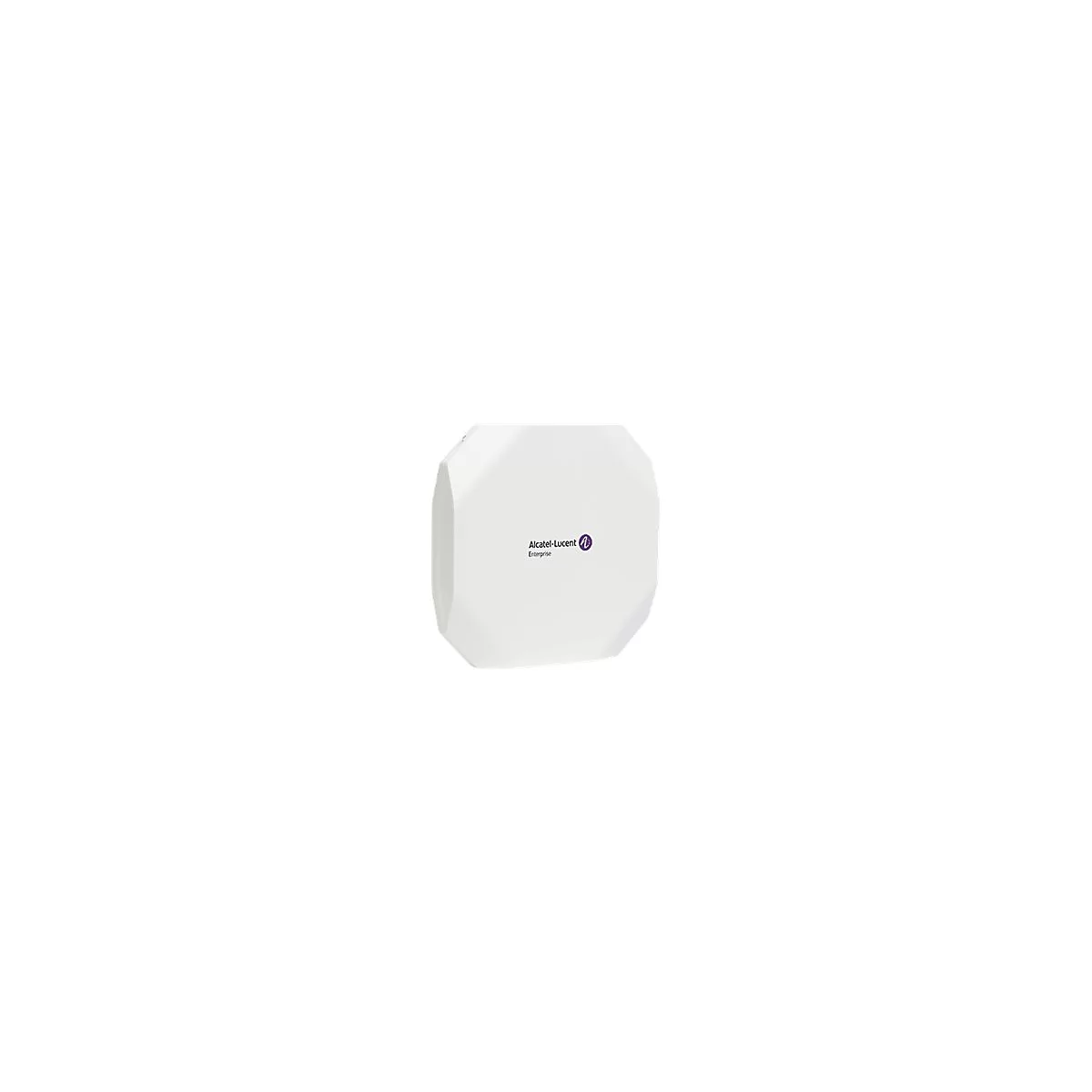 Ein weißer, quadratischer WLAN-Access-Point mit dem Alcatel-Lucent Enterprise Logo in der Mitte.