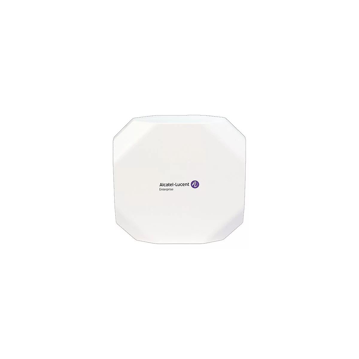 Weißer, achteckiger Alcatel-Lucent Enterprise WLAN-Access-Point vor weißem Hintergrund.