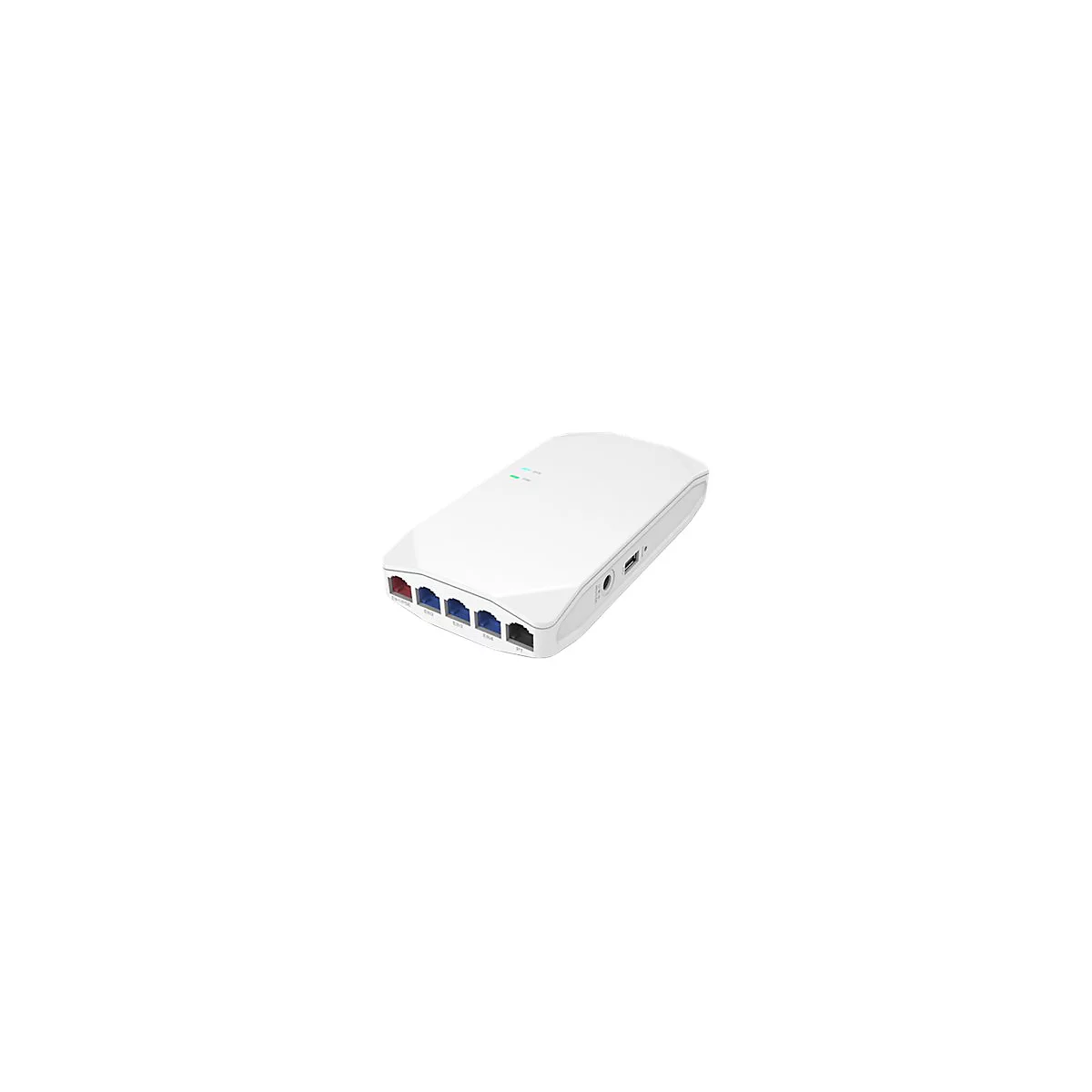 Weißer Netzwerk-Router mit fünf Ethernet-Anschlüssen, USB-Port und Status-LEDs auf weißem Hintergrund.