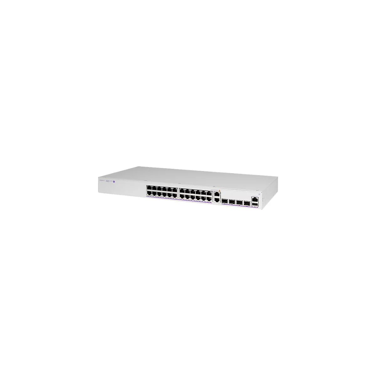 Ein weißer Netzwerk-Switch mit zahlreichen LAN- und Glasfaser-Ports vor einem weißen Hintergrund.