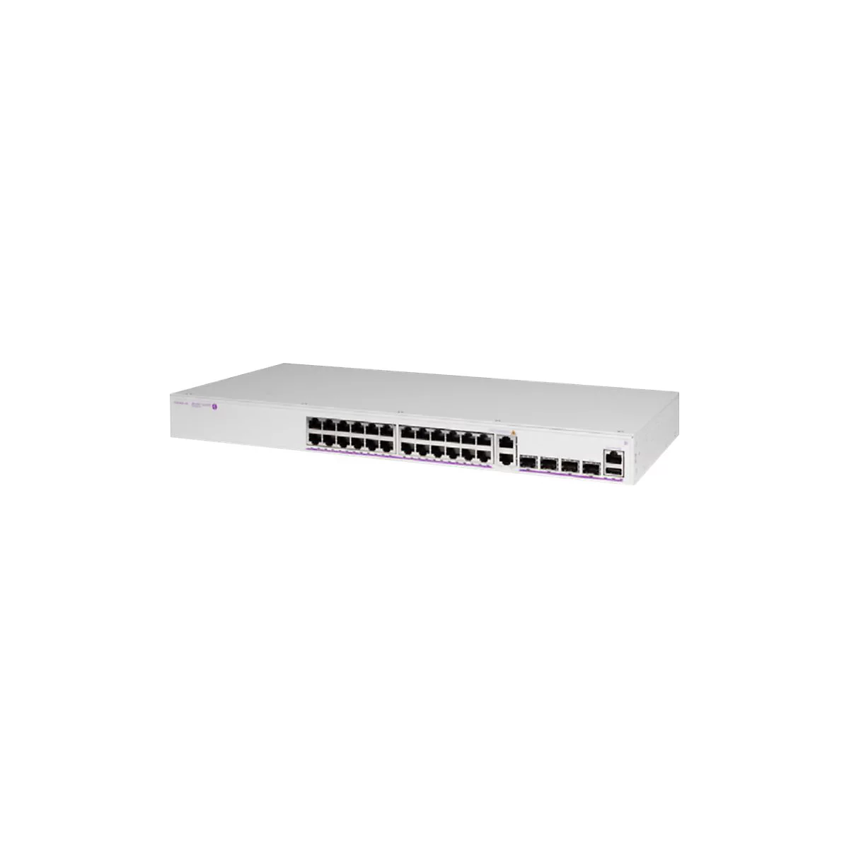 Weißer Netzwerk-Switch mit zahlreichen RJ45- und Glasfaser-Anschlüssen vor neutralem Hintergrund.