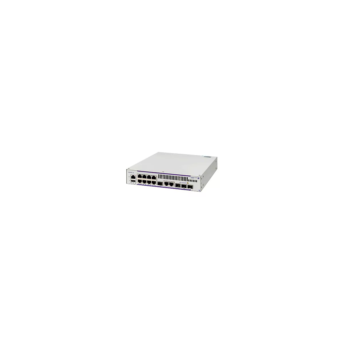 Alcatel-Lucent Enterprise Netzwerk-Switch in einem hellgrauen Metallgehäuse mit zahlreichen Anschlüssen auf der Vorderseite.