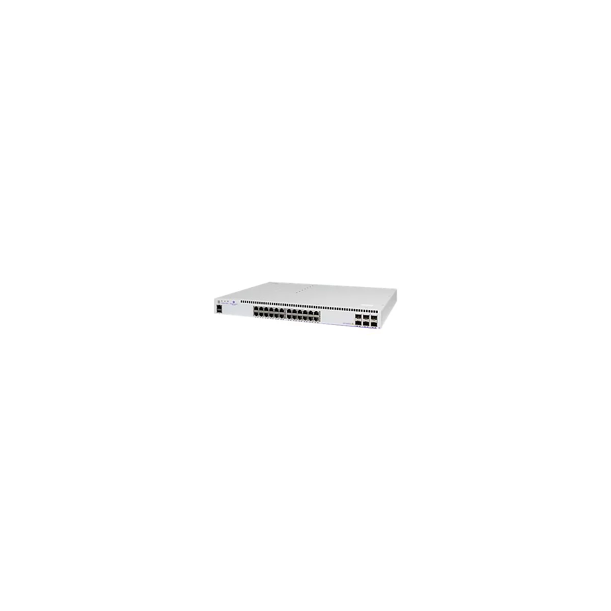 Ein weißer Netzwerk-Switch mit 24 Ports und SFP-Anschlüssen vor weißem Hintergrund.