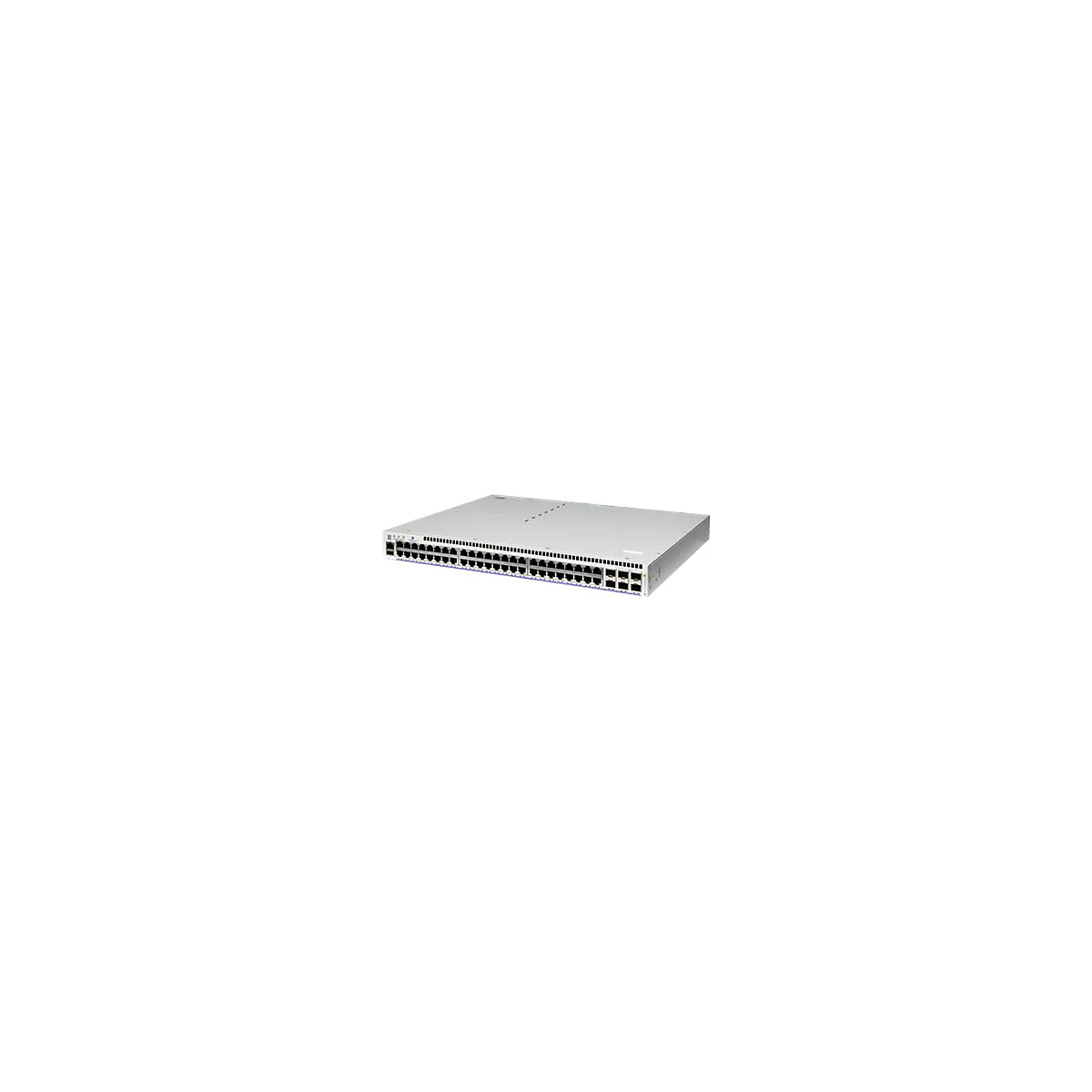 Ein grauer Netzwerk-Switch mit zahlreichen Anschlüssen auf der Vorderseite vor weißem Hintergrund.