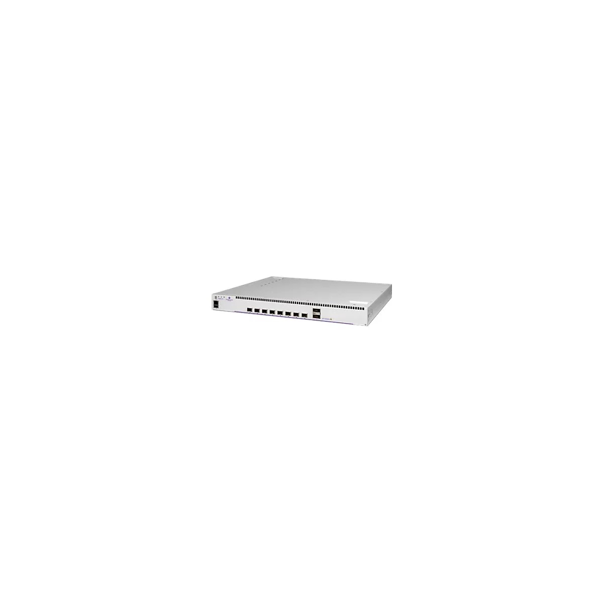 Flacher, weißer Netzwerk-Switch mit mehreren Ports und Status-LEDs auf weißem Grund.