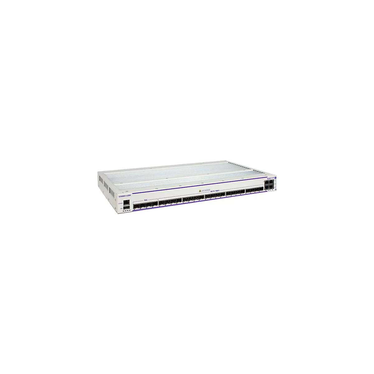 Alcatel-Lucent Enterprise Netzwerk-Switch OS6865-U28X in weißem Gehäuse vor weißem Hintergrund.