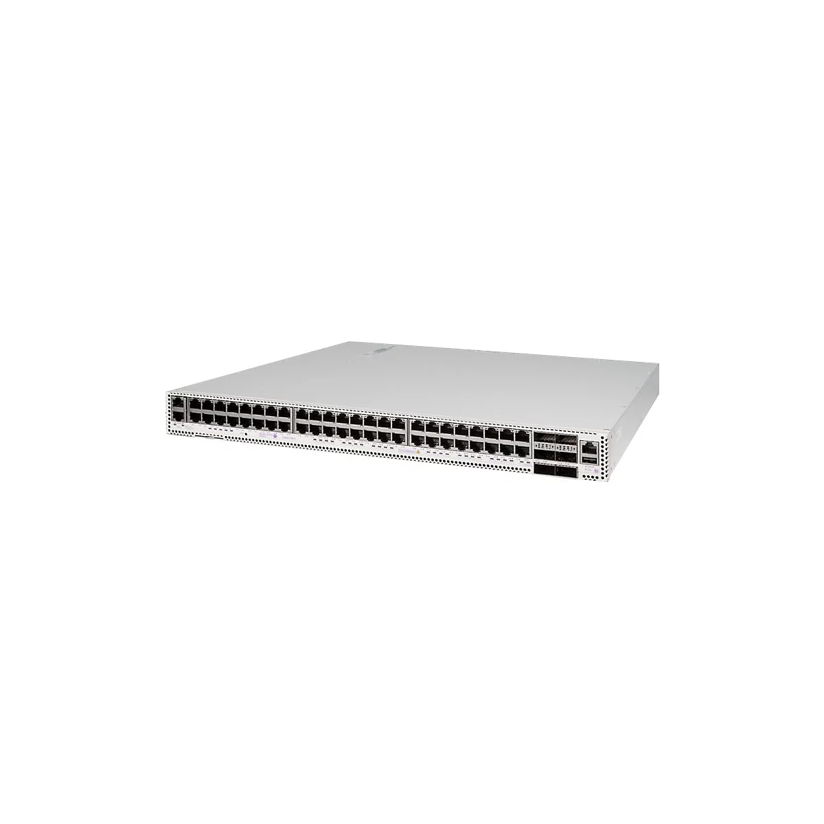 Heller Netzwerk-Switch mit zahlreichen Anschlüssen auf der Vorderseite vor weißem Hintergrund.