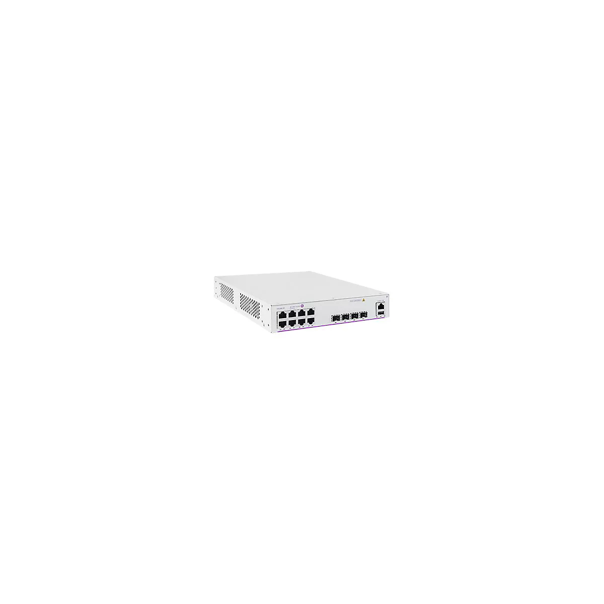Ein weißer Netzwerk-Switch mit acht RJ45-Ports und vier Glasfaser-SFP-Anschlüssen.