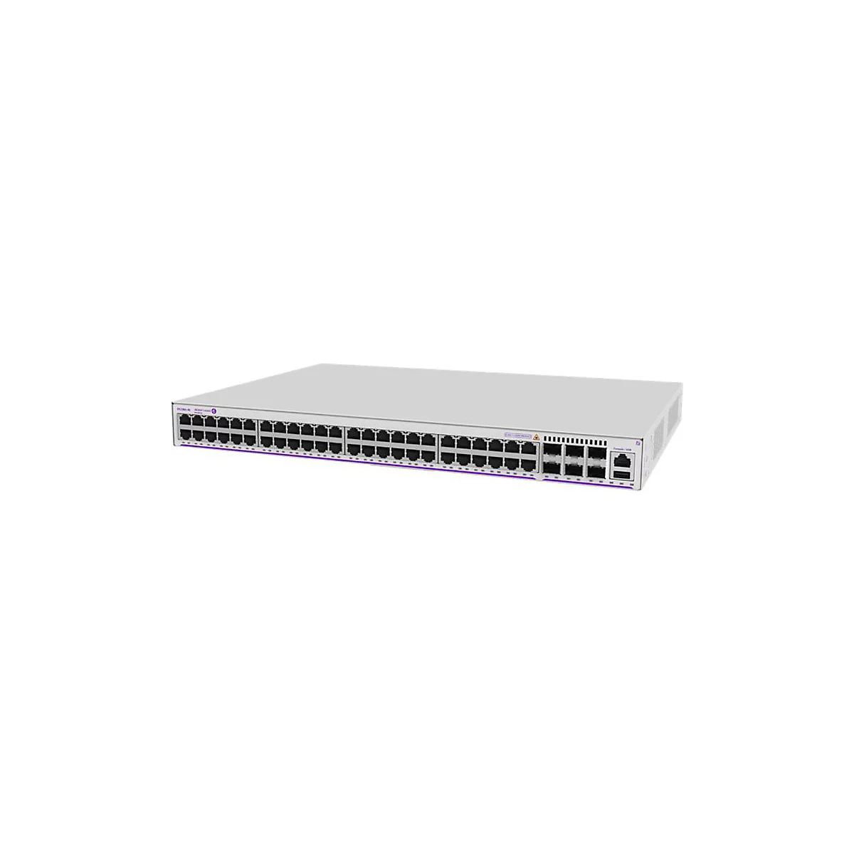 Ein weißer Netzwerk-Switch mit zahlreichen RJ45-Ports und SFP-Anschlüssen vor neutralem Hintergrund.
