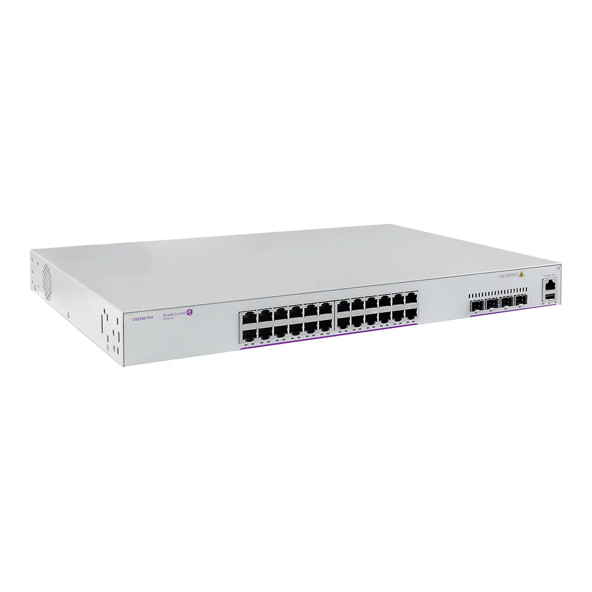 Hellgrauer Alcatel-Lucent Enterprise Netzwerk-Switch OS2260-P24 mit zahlreichen Anschlüssen vor weißem Hintergrund.