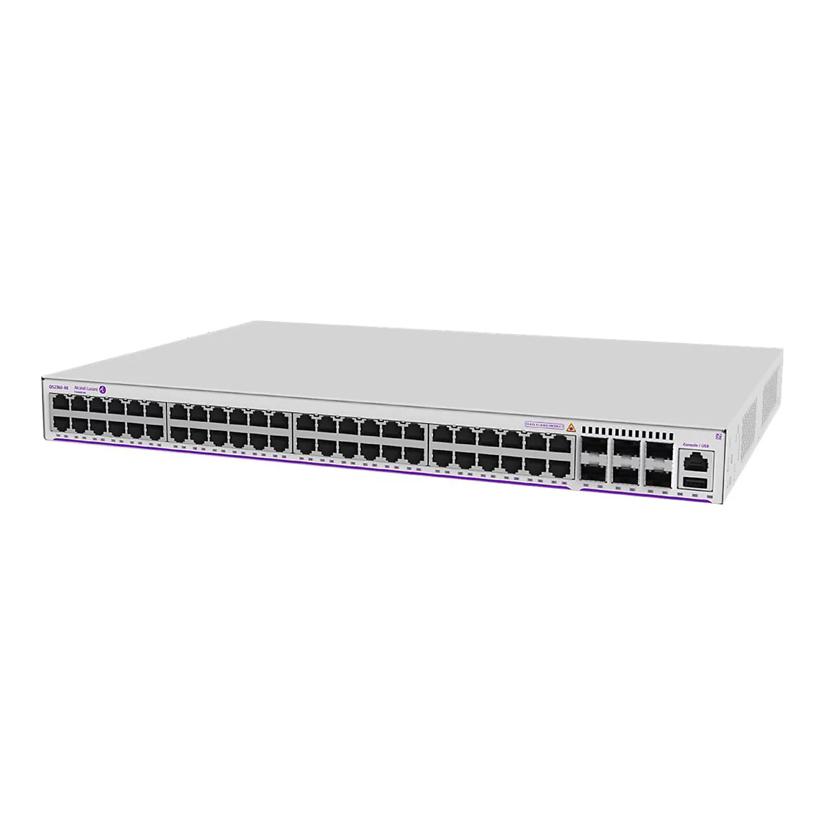 Alcatel-Lucent Enterprise Netzwerk-Switch OS2360-48 mit zahlreichen Ethernet-Ports vor weißem Hintergrund.