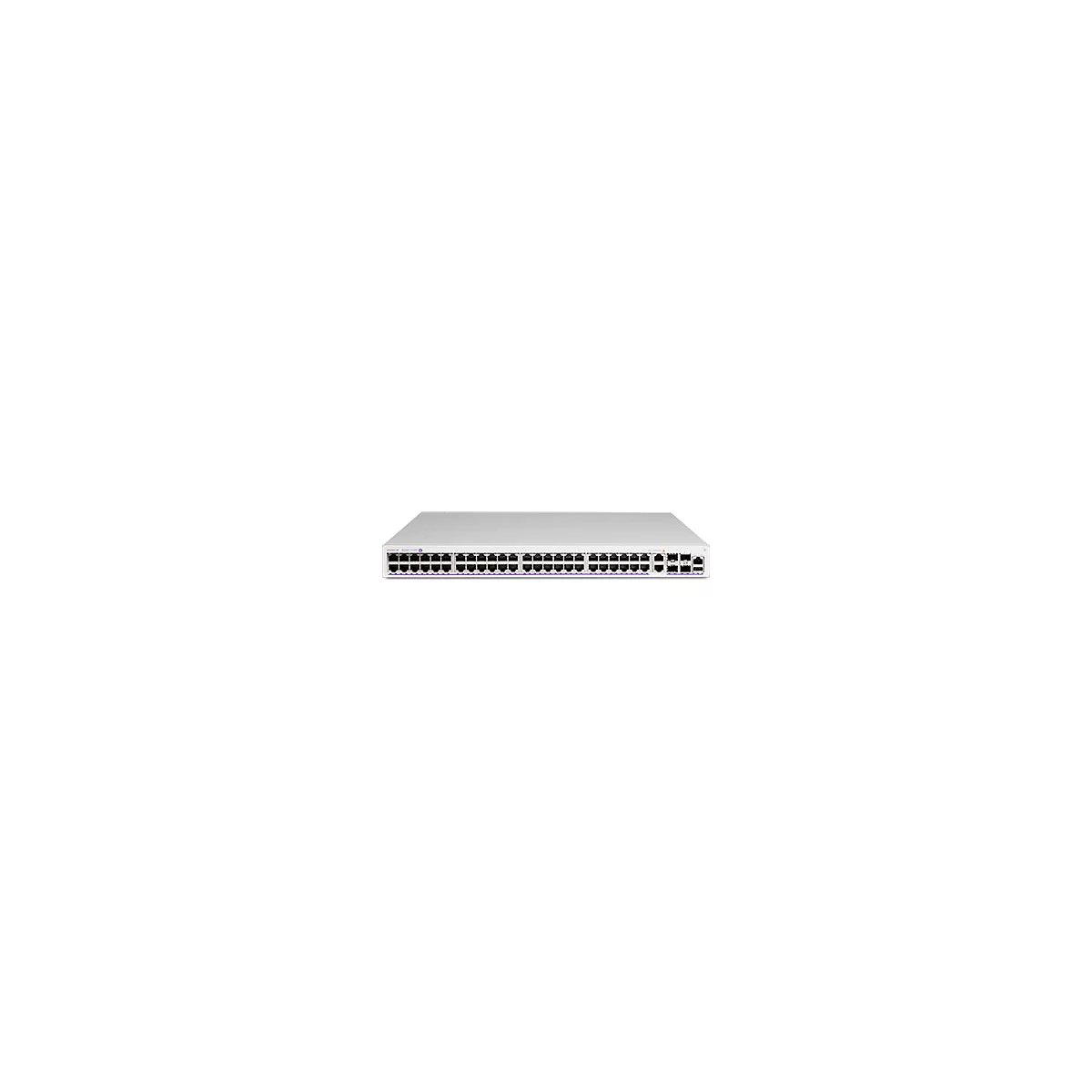 Heller Netzwerk-Switch von Aruba mit zahlreichen Ethernet-Ports auf der Vorderseite vor weißem Hintergrund.