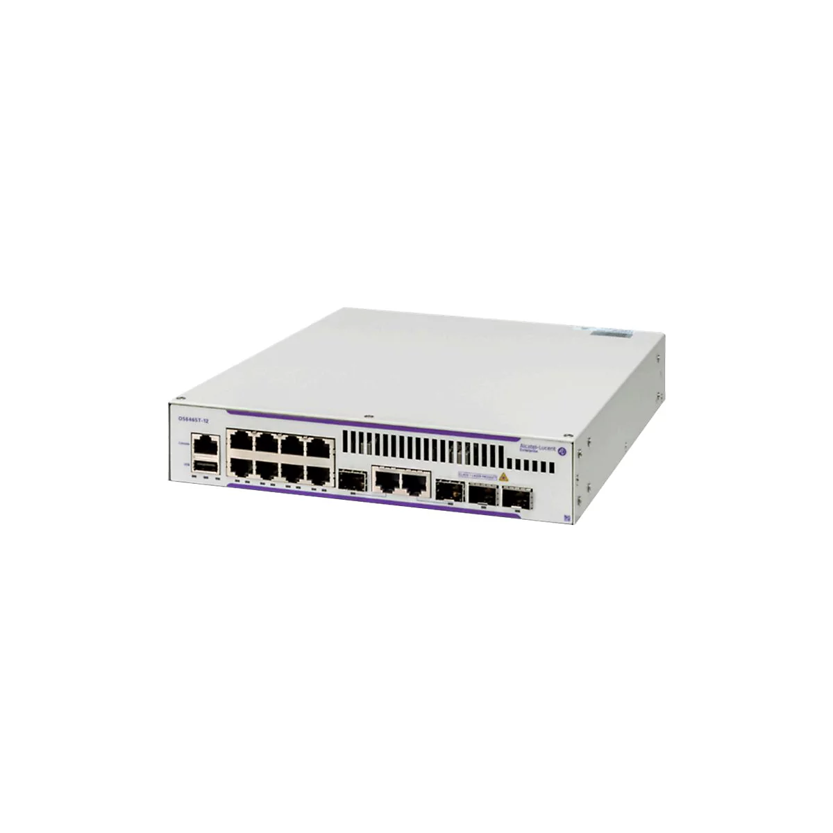 Ein grauer Alcatel-Lucent Netzwerk-Switch mit zahlreichen Anschlüssen vor weißem Hintergrund.