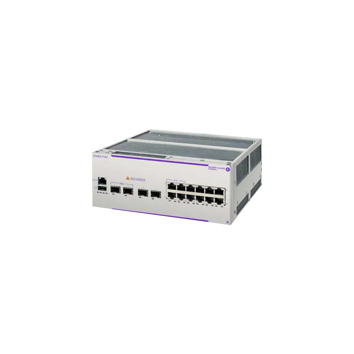 Alcatel-Lucent Enterprise Netzwerk-Switch OS6665-P16X vor weißem Hintergrund.