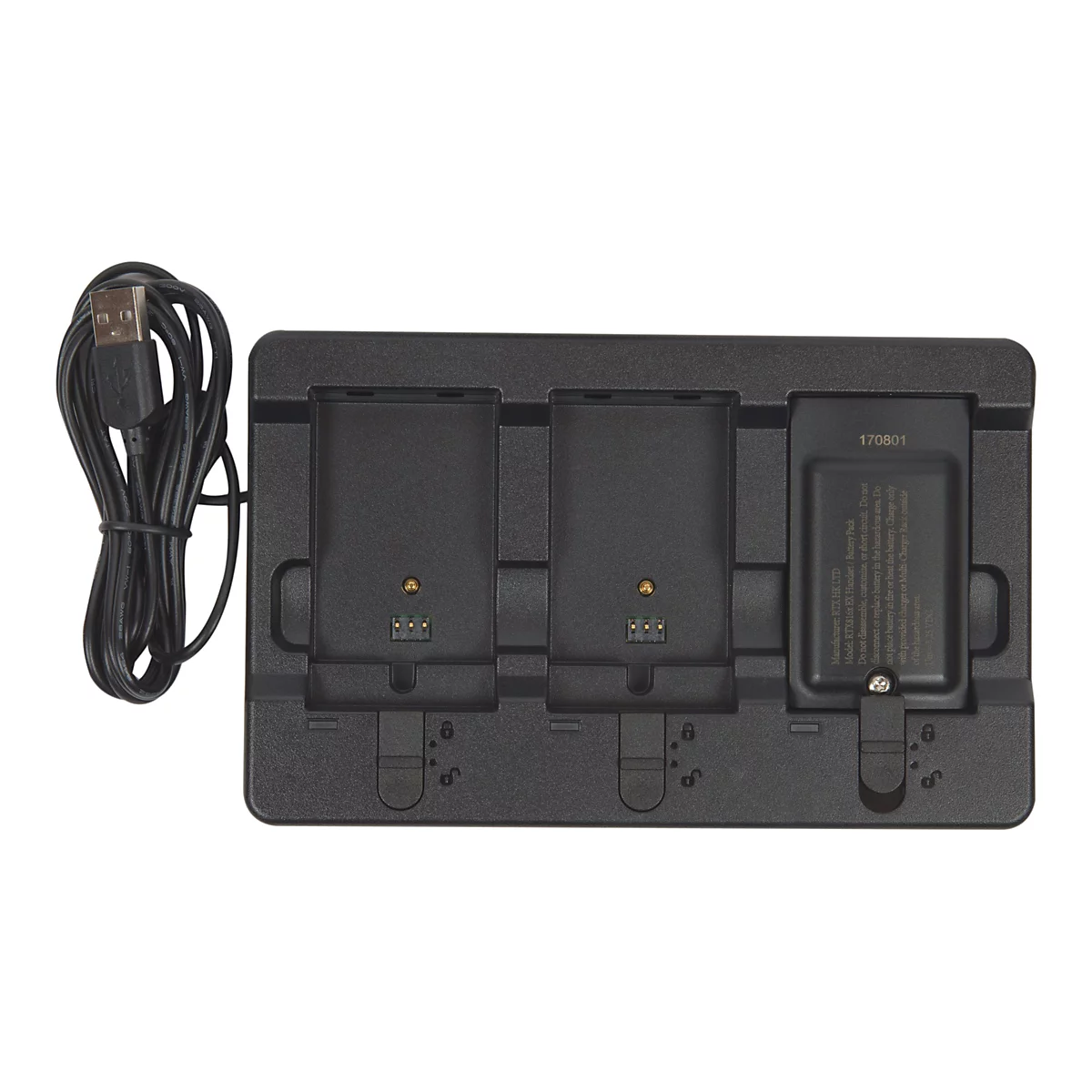 Schwarze Ladestation für drei Akkus mit USB-Kabel und eingesetztem Akku.