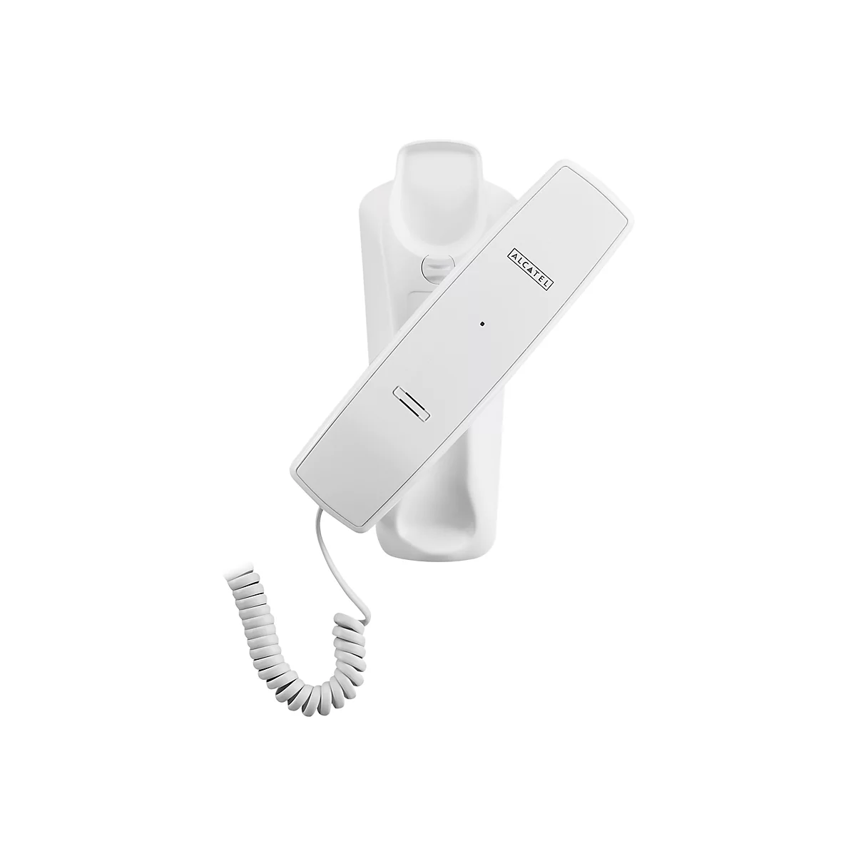 WeiÃŸes Wandtelefon von Alcatel. Es hat eine lange, rechteckige HÃ¶rerablage mit dem Markennamen.