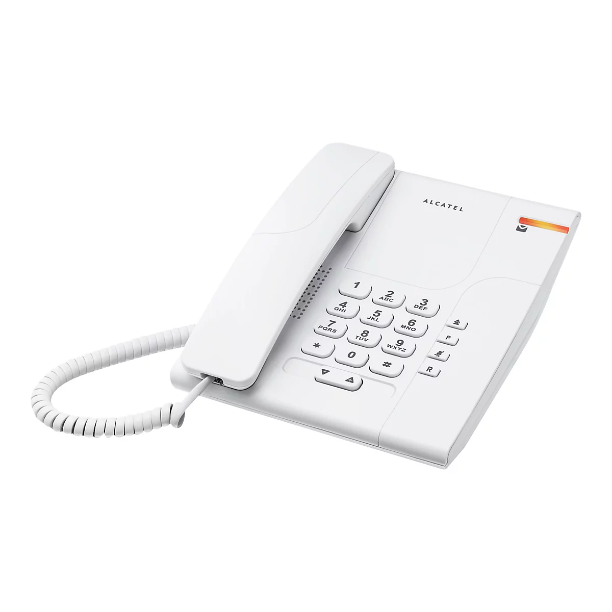 Weißes Alcatel Festnetztelefon mit Tastenfeld und Hörer auf weißem Hintergrund.