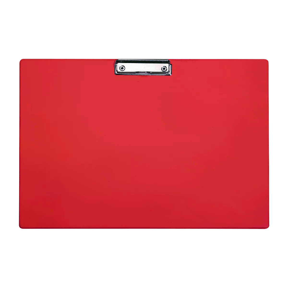 Red clipboard with silver metal clip.