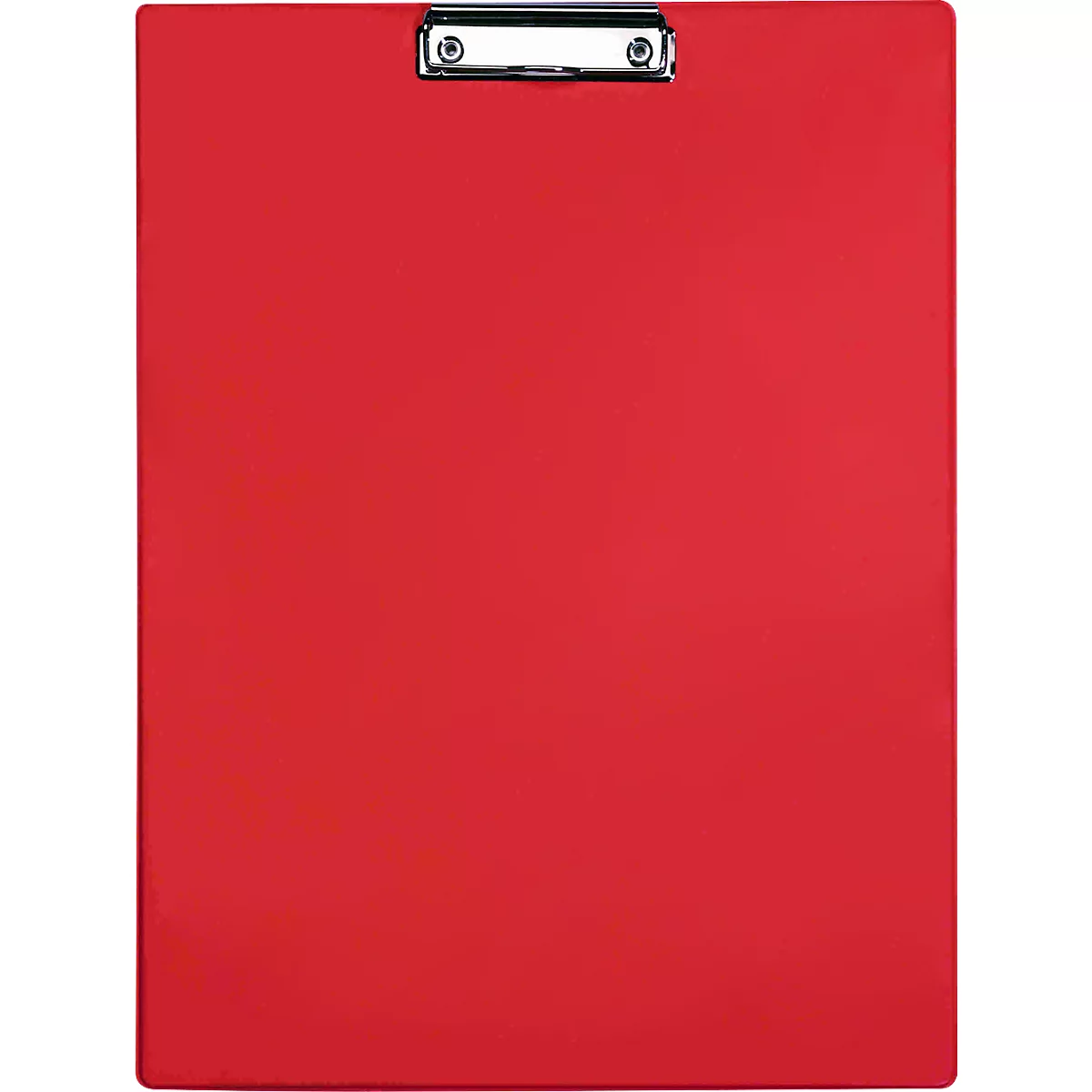 A red clipboard with a silver metal clip.