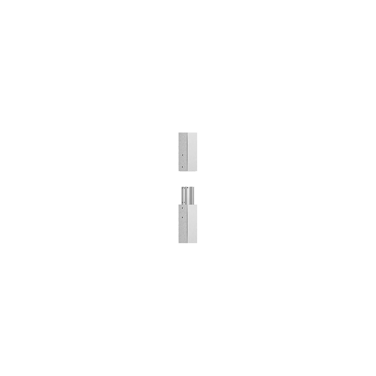 Deux colonnes rectangulaires, une en pierre grise et une en plastique blanc, avec une partie métallique.