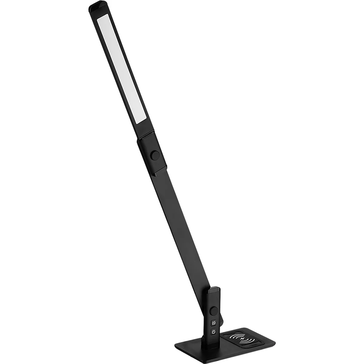 Lampe de bureau LED noire avec corps lumineux allongé et panneau de commande tactile sur la base.