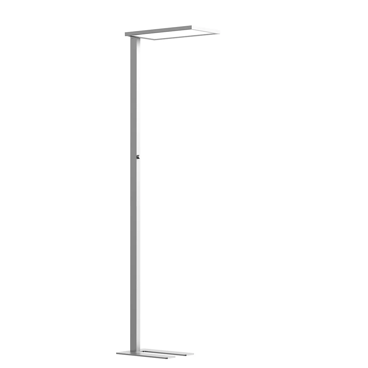 Silberne Stehleuchte mit quadratischem Leuchtkopf, senkrechter Stange und rechteckigem Fuß auf weißem Hintergrund.