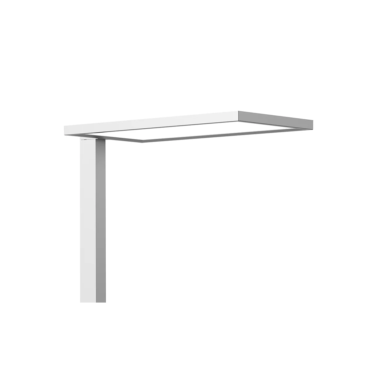 Eine weiße Schreibtischlampe mit rechteckigem Leuchtkörper und geradem Standfuß.