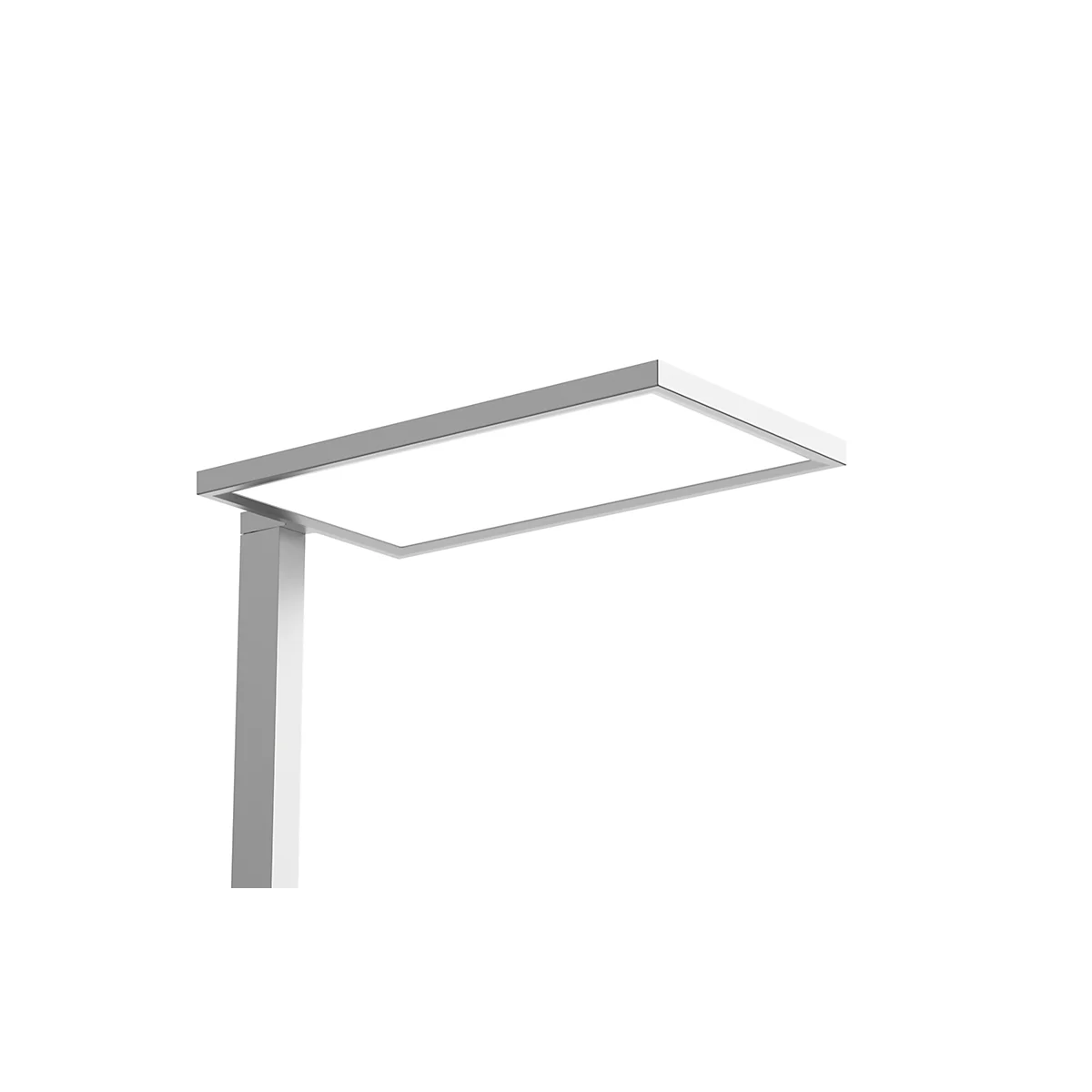 Eine elegante, rechteckige LED-Schreibtischlampe, die an einem silbernen Arm befestigt ist. Auf weißem Hintergrund.