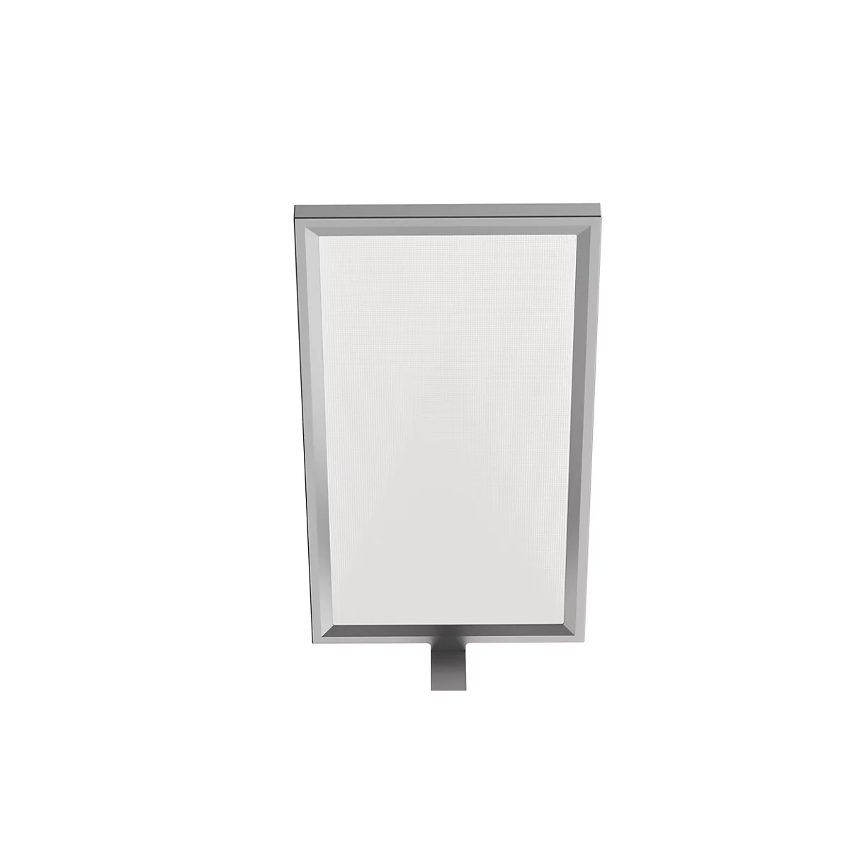 Leere Werbetafel mit silbernem Rahmen vor weißem Hintergrund.