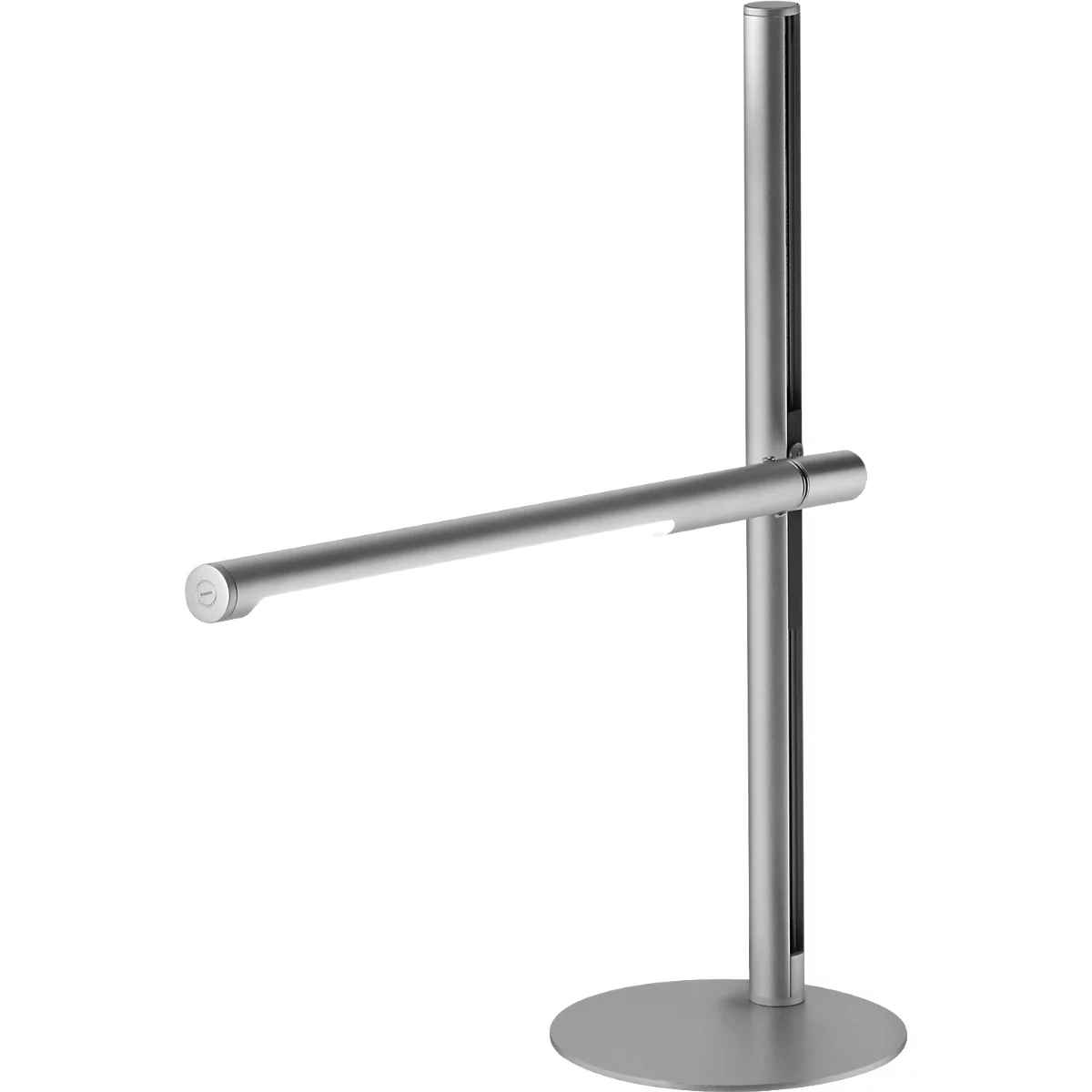 Zilveren bureaulamp bestaande uit een verticale staaf, een horizontale arm en een ronde voet.