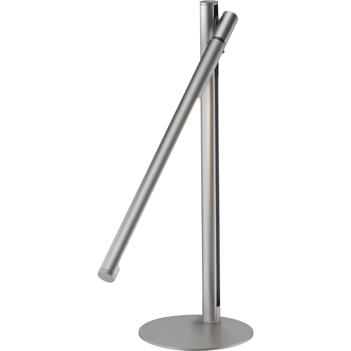 Zilveren bureaulamp, modern design met een ronde voet en een schuinlopende arm.
